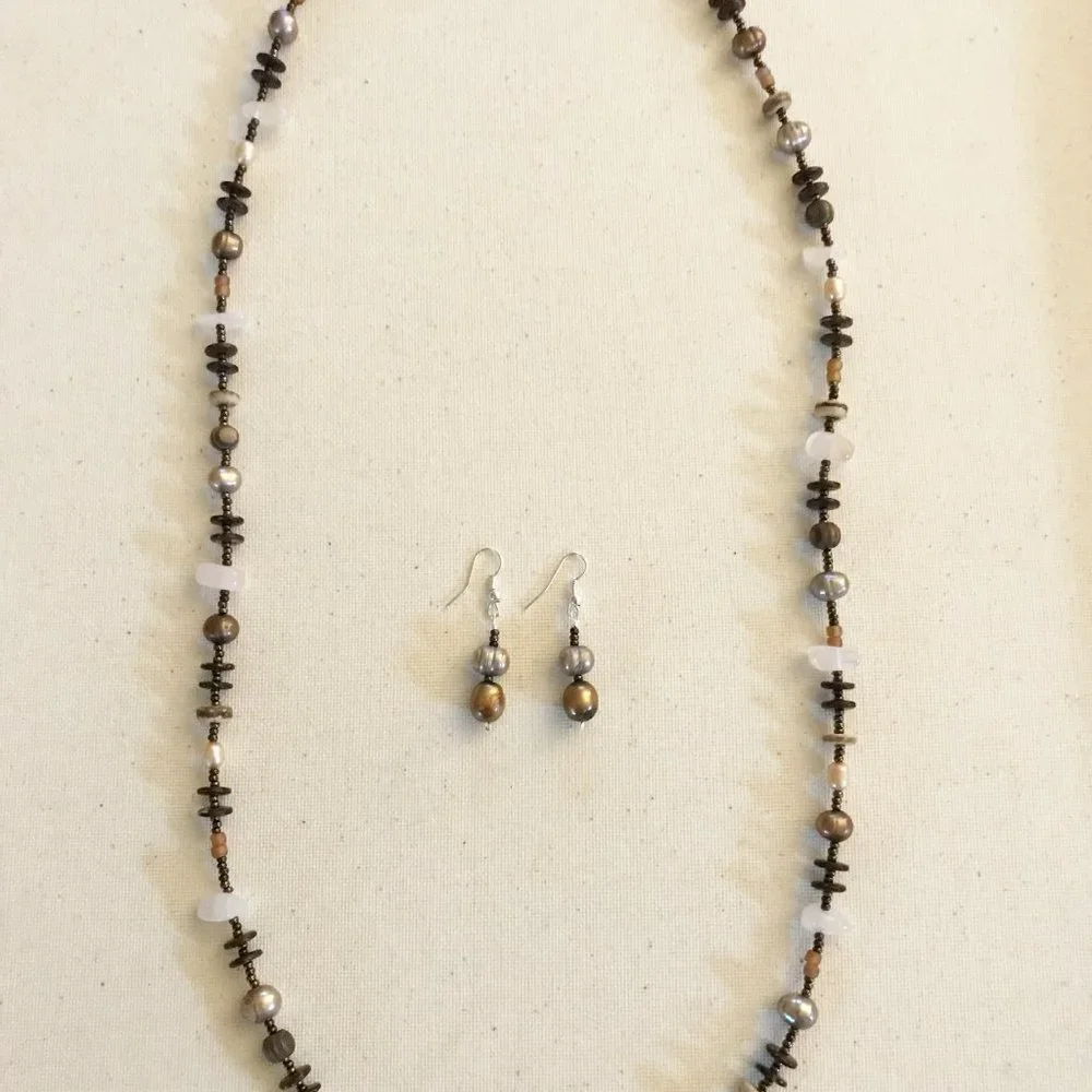 Rose in the Woods Necklace Earring Set Rose Quartz Pearls Gemstone Crystal Wood